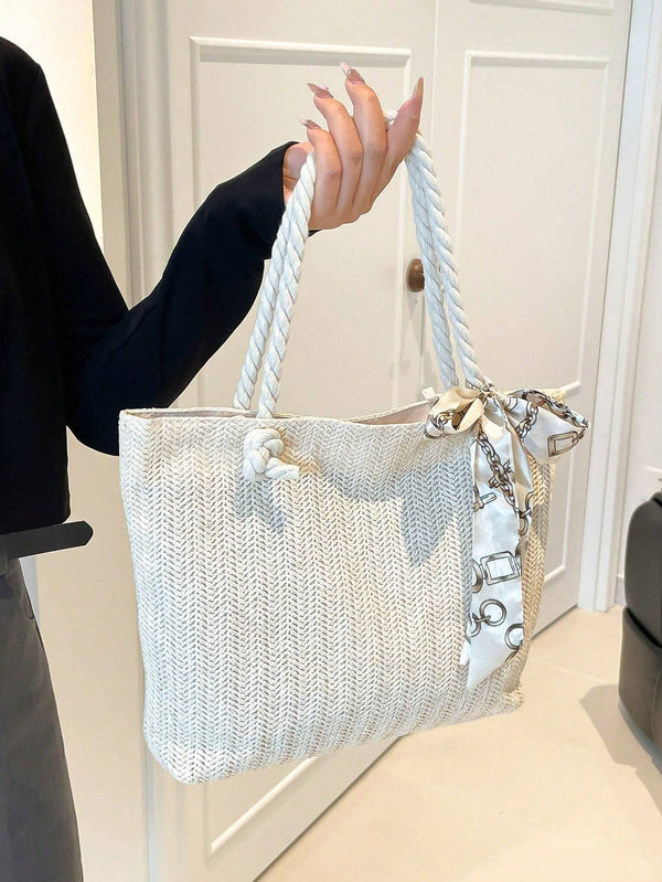 Chic Woven Straw Tote – Large Capacity with Elegant Silk Scarf Accent.
