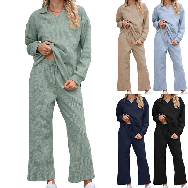 Chic Solid Color Sweater & Pants Set – Cozy Lapel Top with Elastic Waist.